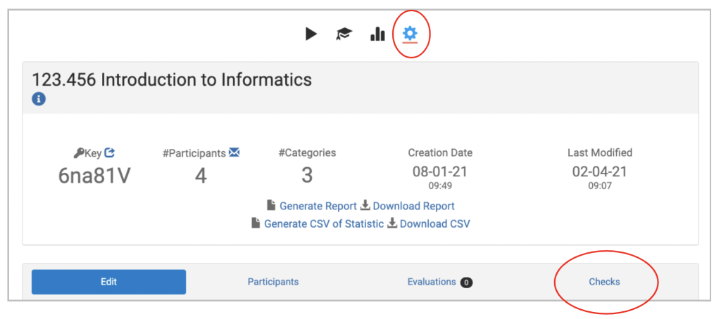 Screenshot of an sample app including information on the check, the gear icon is highlighted as well as the Checks menu