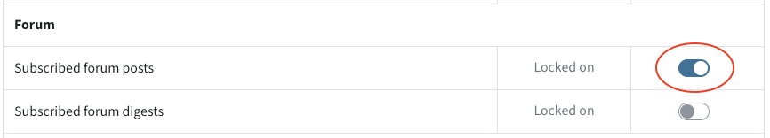 Settings for forums; the slider at "Subscribed forum posts" is activated