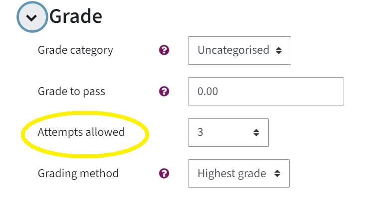 In the settings, you can see the category "Grade". There, you can configure grade category, grade to pass, attempts allowed and grading method. "Attempts allowed" is circled in.