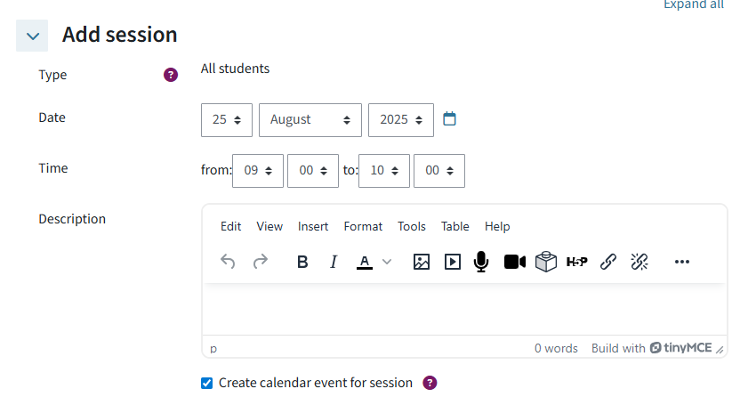 shows the menu "add session" (date, time, description) and the box "Create calendar event for session" ticked off.