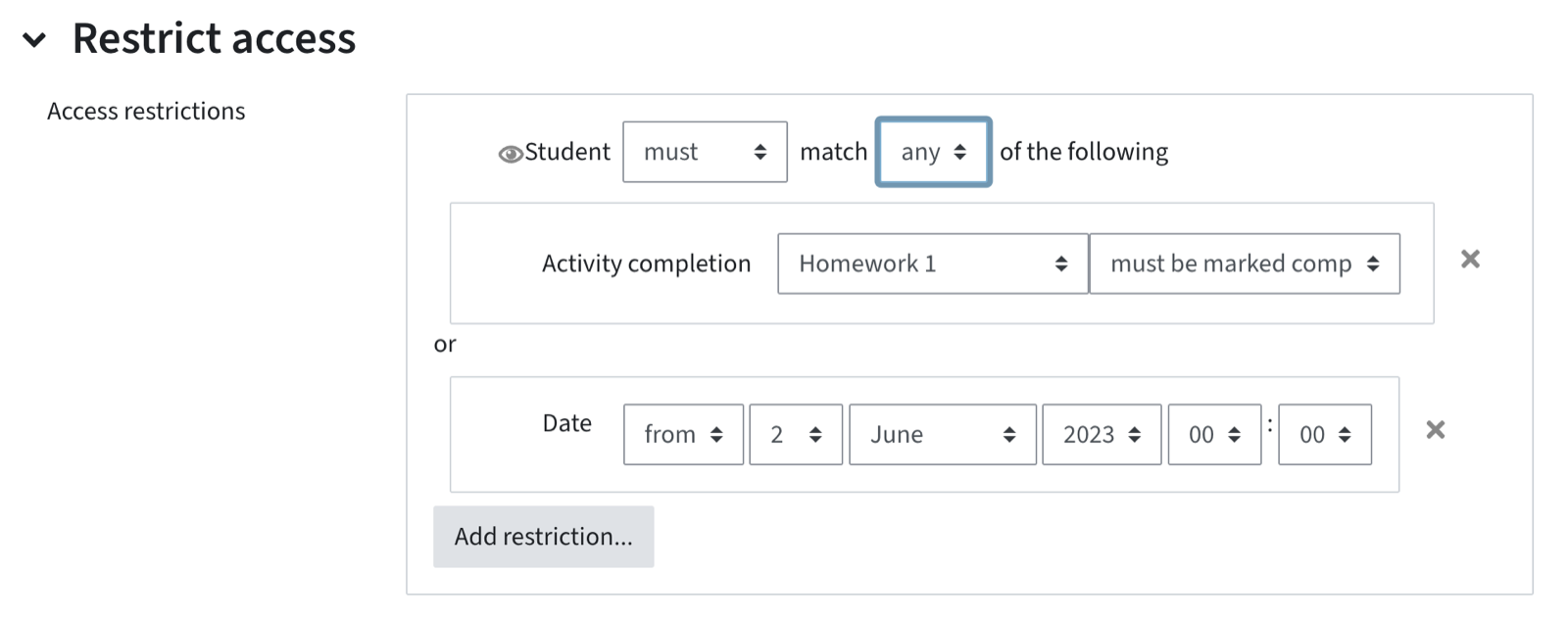 Restriction where "any" must be matched; the restrictions are connected via "or" operators