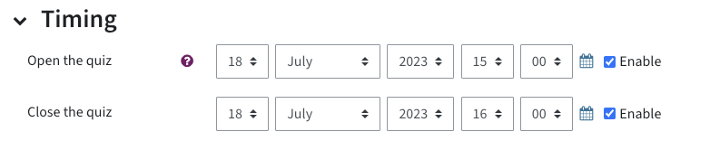 Timing settings of a quiz; options "open the quiz" and "close the quiz" where you can set a date and enable it by ticking a checkbox