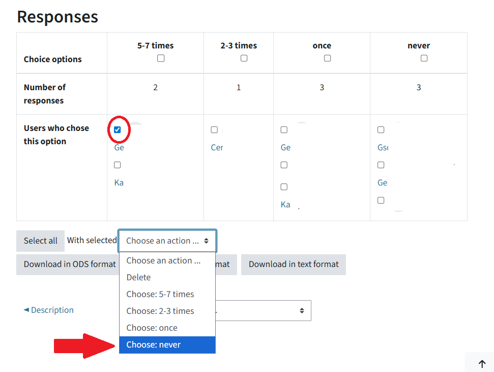 There is the table of students who have already voted. The checkbox next to one name is ticked off. Below the table, there is Select all, a popup is open with all the possible answers. The teacher voted Choose:never.