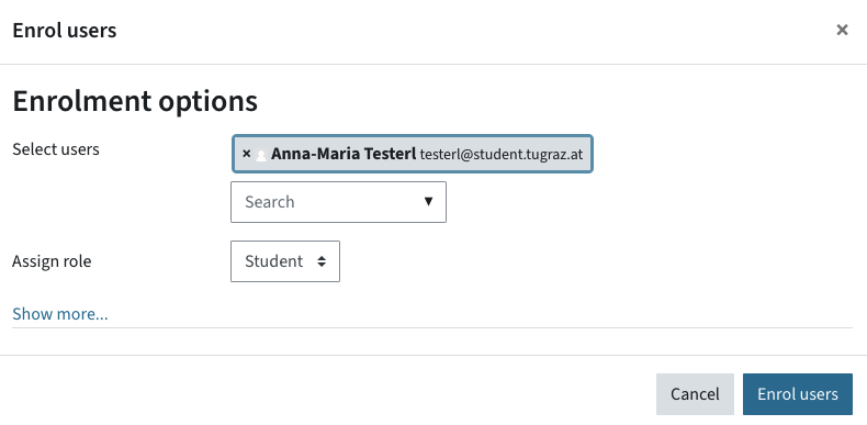 Enrolment options such as selecting the role and enrolling a student