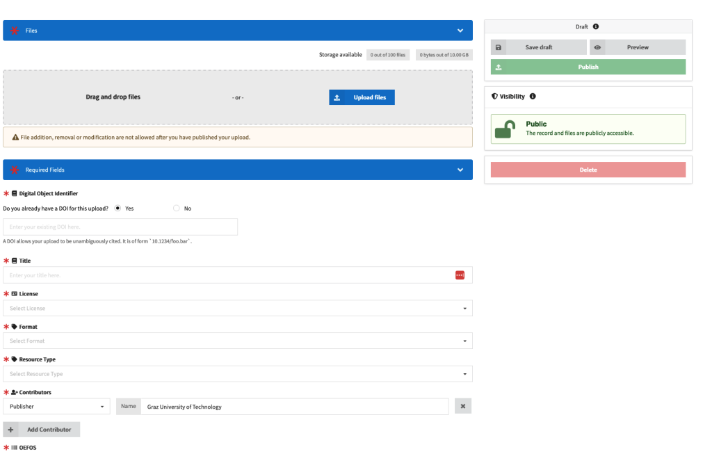 Screenshots of the input mask when uploading an OER with fields for Title, License, Format, Contributors, ÖFOS, File upload. Buttons Publish and Save are at the top right.