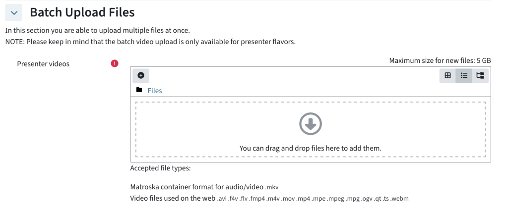In Batch Upload Files, there is only one upload area. You can drag and drop videos into it.
