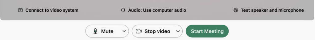 Screenshot of the menu bar including buttons for microphone, video and starting the meeting