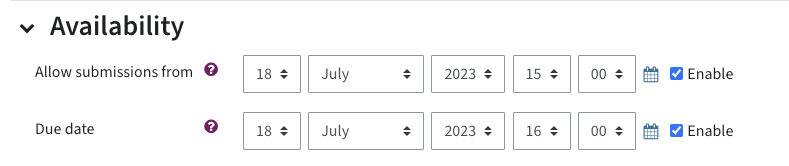 Availability setting of an assignment; Optiona "allow submissions from" and "due date" where you can set a date and enable it by ticking a checkbox