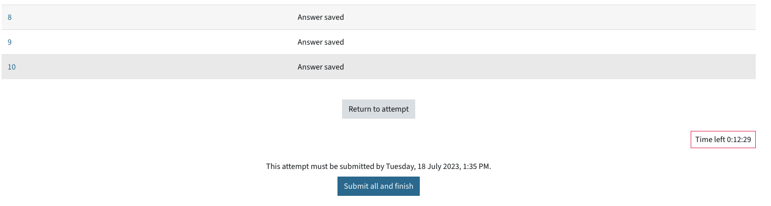 Overview at the end of an exam where you have to submit all and finish or Return to attempt