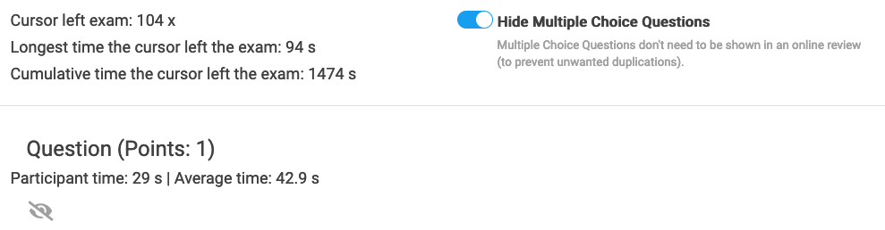 Screenshot of the student summary, but with the slider to hide multiple choice questions in the upper right corner activated