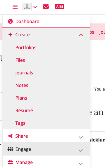 Menu to create portfolios, journals, notes, plans