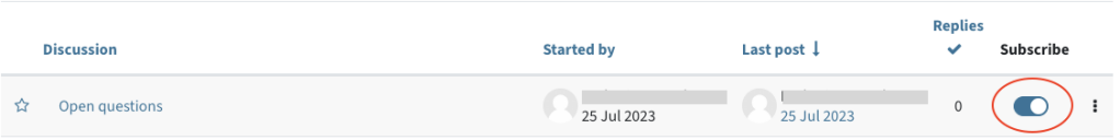 Screenshot of a forum topic in the overview; the slider at "Subscribe" is activated