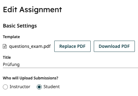 Edit Assignment, Basic Settings for Template, Title and Who will upload submissions?