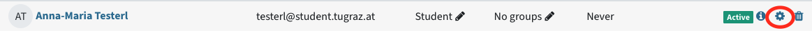 The gear icon next to a user in the participants menu is marked; you can edit an enrolment there