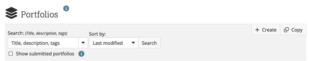 Overview of portfolios and buttons create and copy to the right