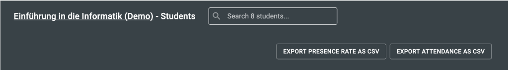 Students view of the course with two buttons Export presence rate as csv and export attendance as csv