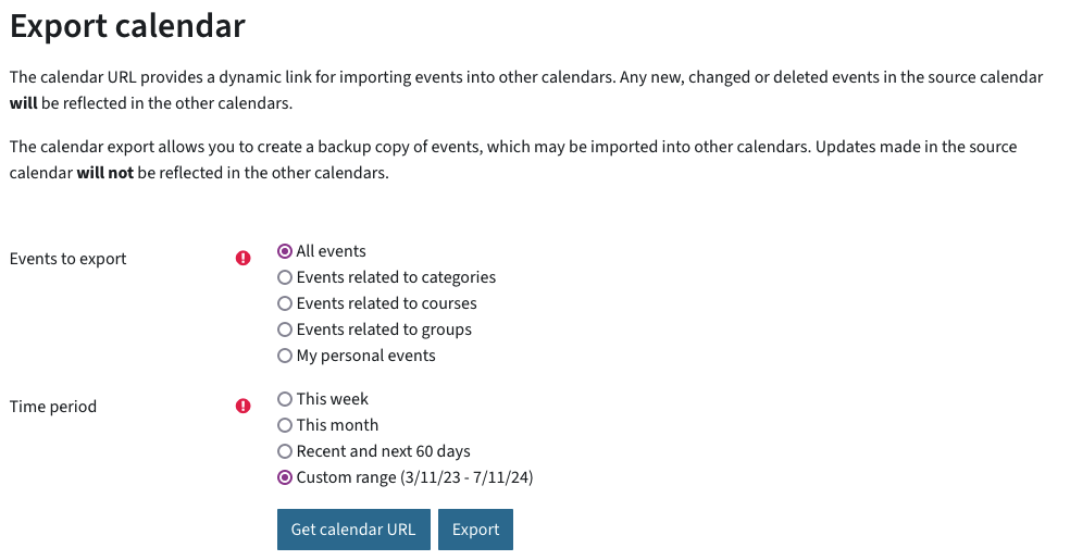 Export calendar view with option to choose events and time period to export