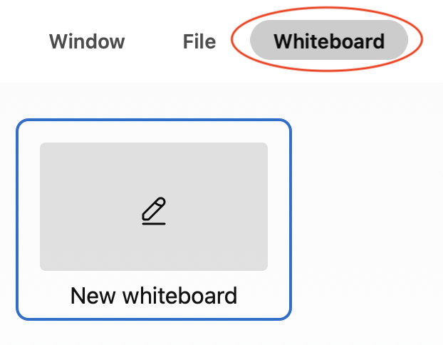 Sharing options including Window, File and Whiteboard; in the whiteboard tab, there is the option "New whiteboard"
