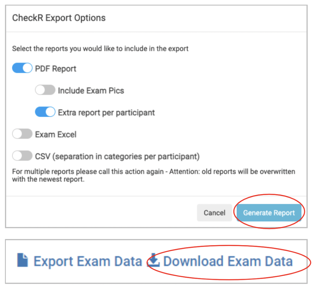Screenshot of the CheckR export options where you choose the reports to be included in the export with the slider Extra report per participant. The buttons Generate Report and Download Exam data are highlighted.