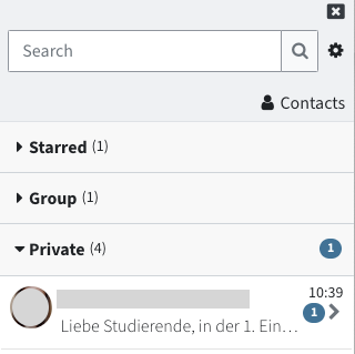Menu for direct messages; a number next to the message indicates a new message