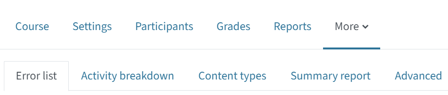 In the Accessibility toolkit menu, there are many options: error list, activity breakdown, content types, summary report, advanced.
