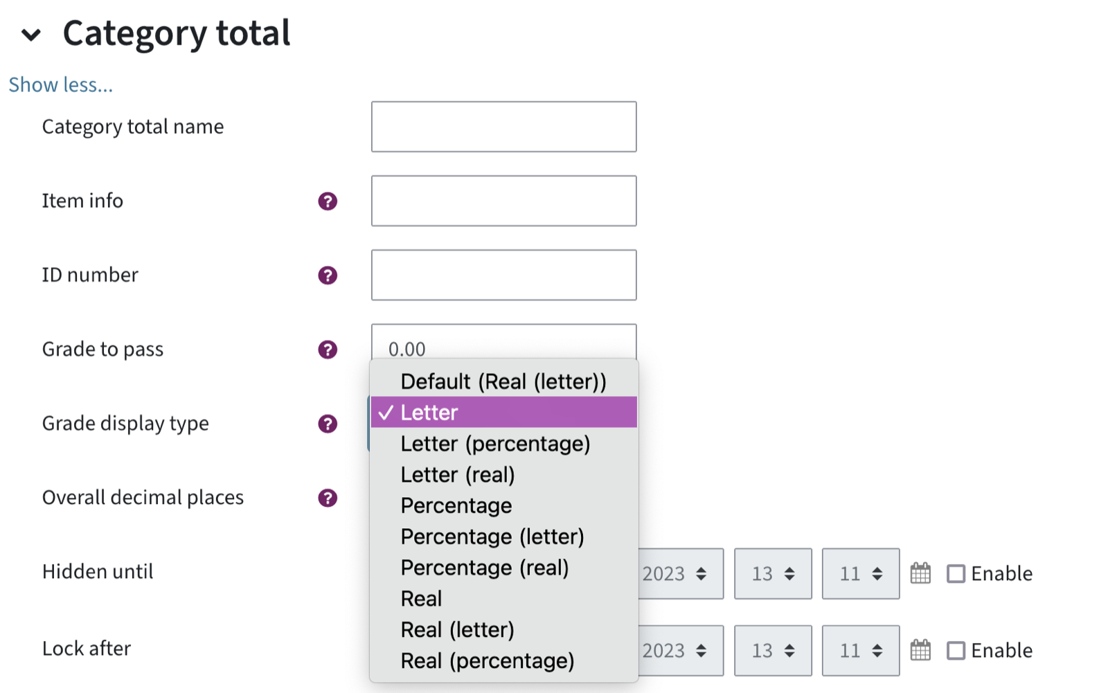 Setting the grade display type in the category total