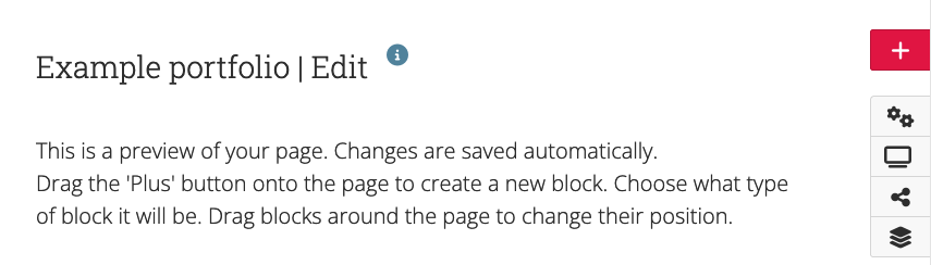Empty example portfolio with menu bar at the right to edit it
