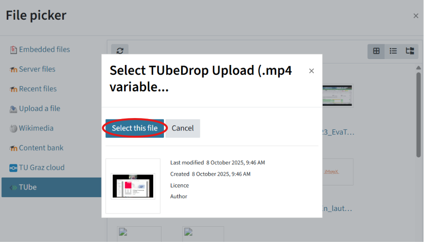 A video has been selected in the 'TUbe' menu and the 'Select this file' button is circled.
