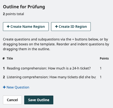 menu for creating an outline. Buttons Create Name Region and ID region, Question titles and points and button Save Outline