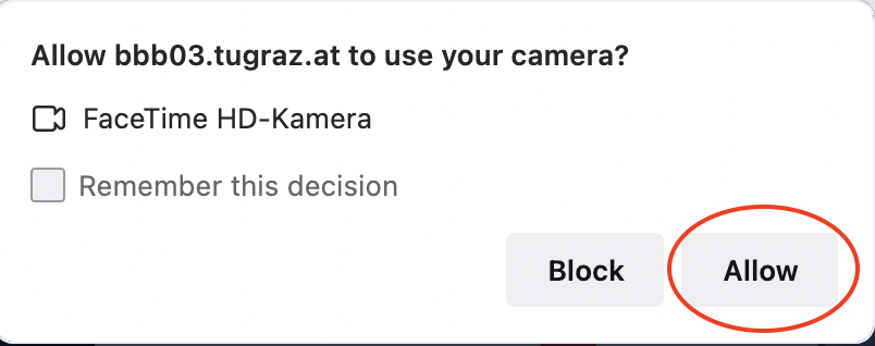 pop-up window in which you can block or allow BBB access to the camera