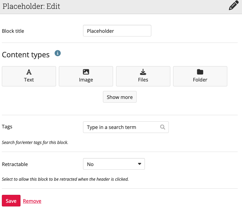 Editing menu for a block in a portfolio, content type can be chosen here