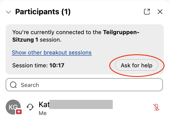 Option "Ask for help" at the top of the participant list