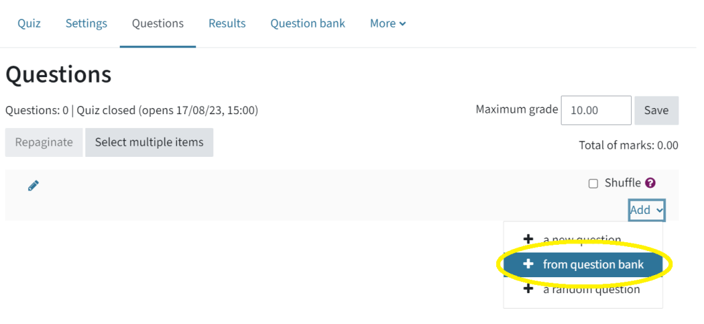In the tab "Questions", on the right, you can see the "Add"- drop down-menu. It has been dropped down. There are three options to choose from: a new question, from question bank and a random question. "From question bank" is circled in.