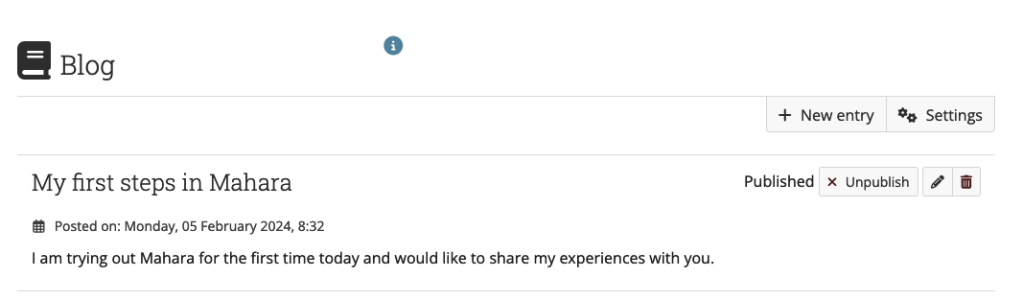 Example blog in Mahara with one entry