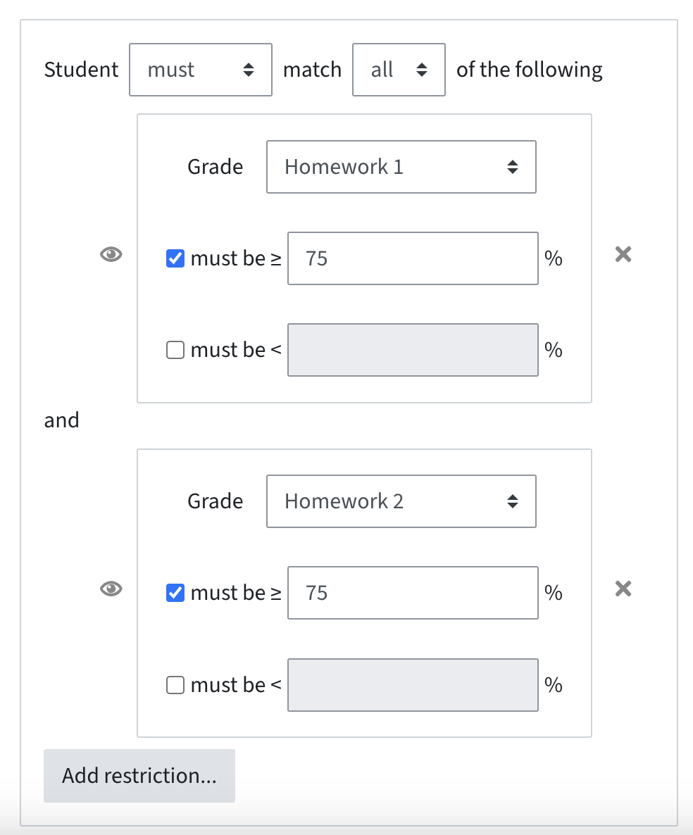 Restriction where the grade of two homeworks must be greater than or equal to 75%