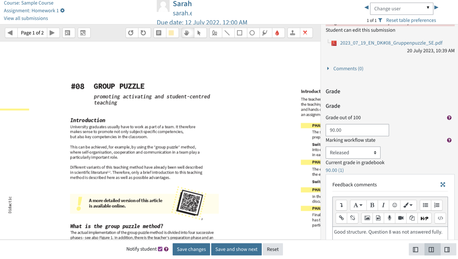 The view where a student can be graded directly in the TC with all the tools and options to enter a grade and comment