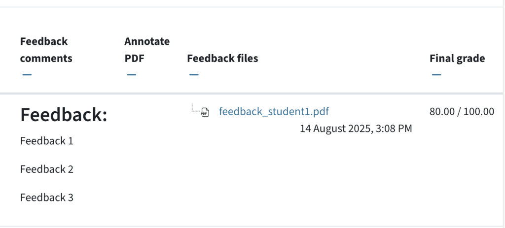 Scroll to the right in the submissions overview to see the feedback files and feedback you gave