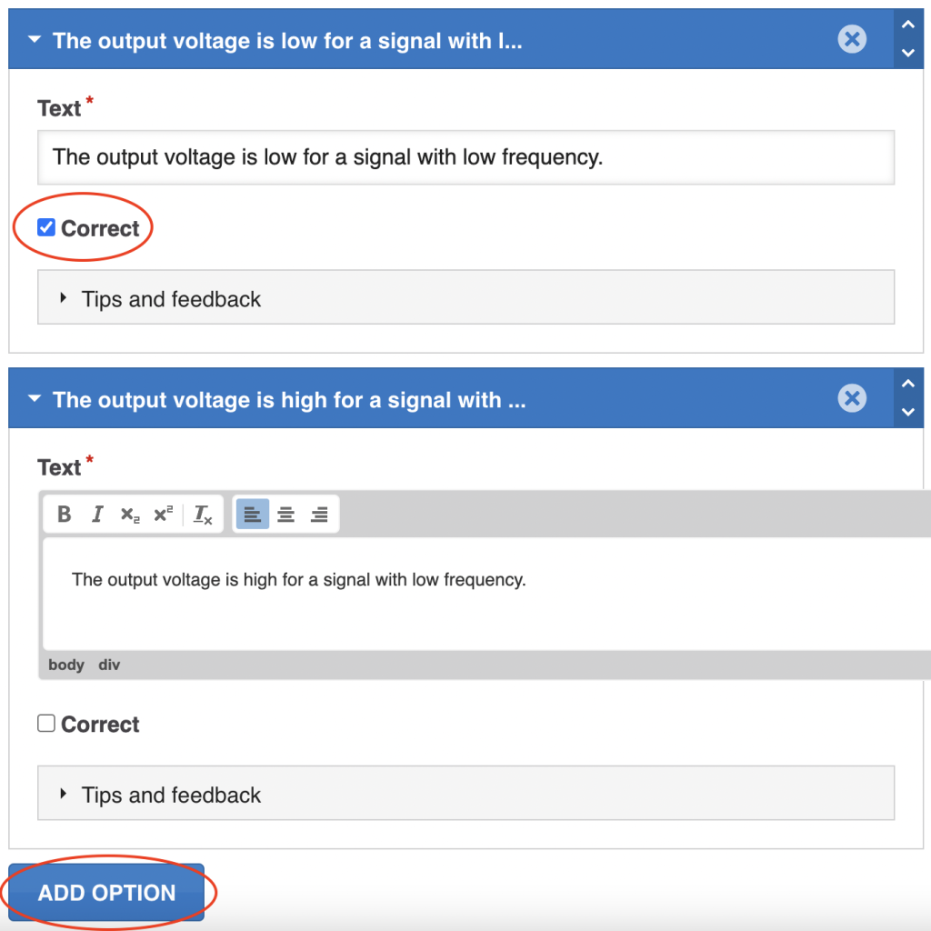 Screenshot of the text boxes to add answer options