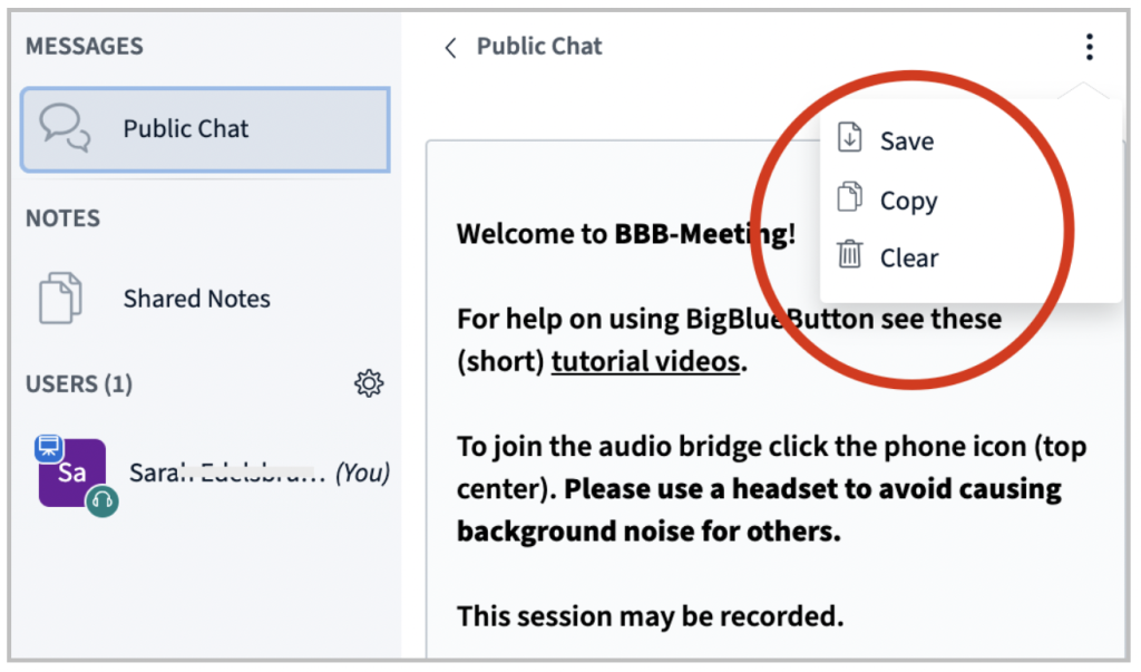 Public chat next to the main menu on left; three dots at the top right allow you to save, copy and clear the chat