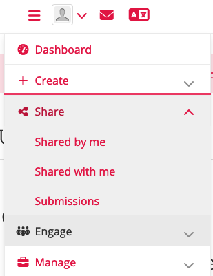 Menu for portfolios shared by me, shared with me and submissions