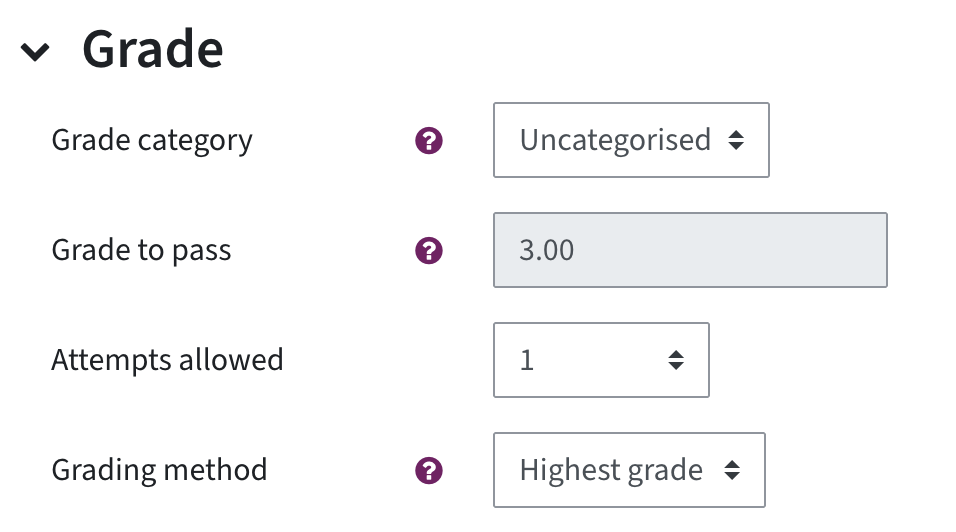 Screenshot of the grade menu in the quiz settings