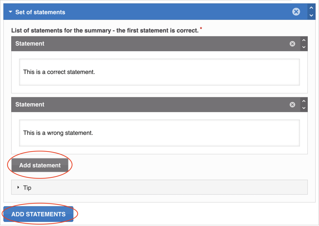 Screenshot of the text boxes to add statements