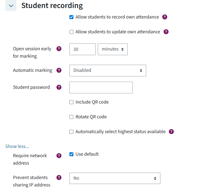 This is the menu 'Student recording' with all configurable settings