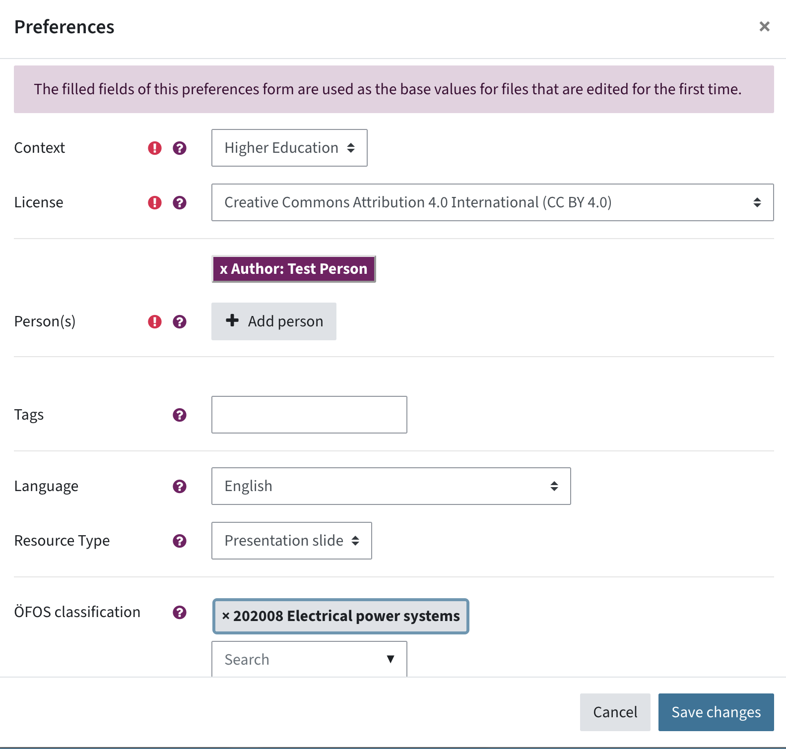 Preferences may consist of Context, LIcence, Person(s), Tags, Language, Resource Type, ÖFOS