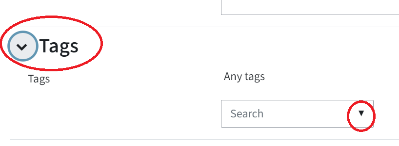 You can see the settings of a question, the category "tags" with "any tags" written to the right. Below " any tags" there is a dropdown menu with the arrow circled in.