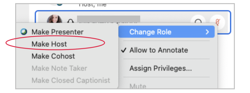 List of participants with options to change role and make someone the host