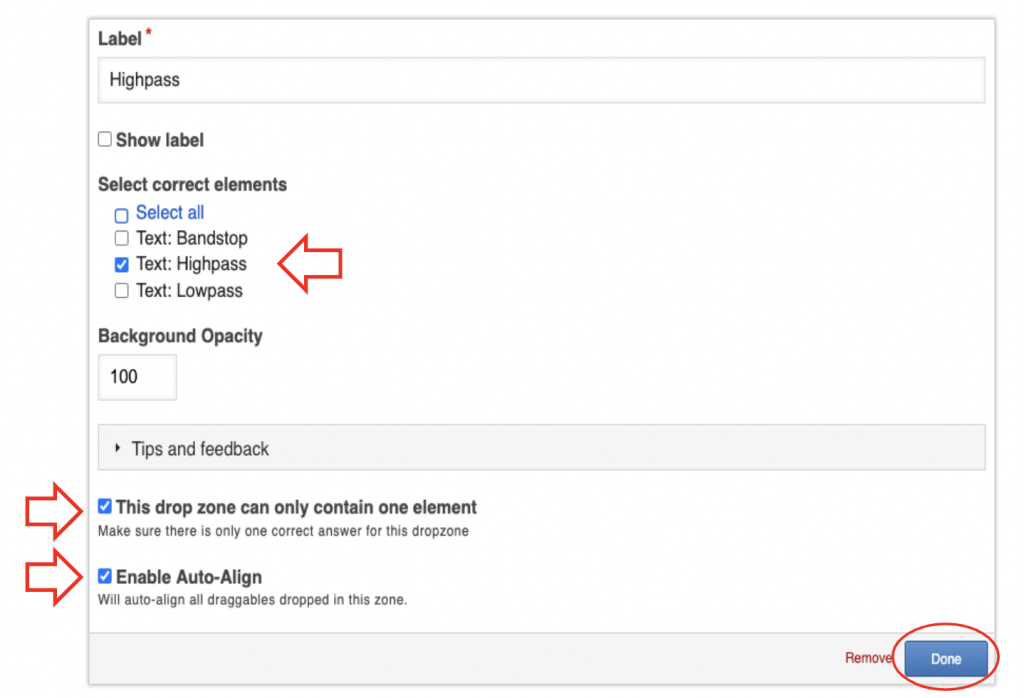 Screenshot of the settings where you select the correct elements for a drop zone, and the checkboxed "this drop zone can only contain one element" and "enable auto-align"
